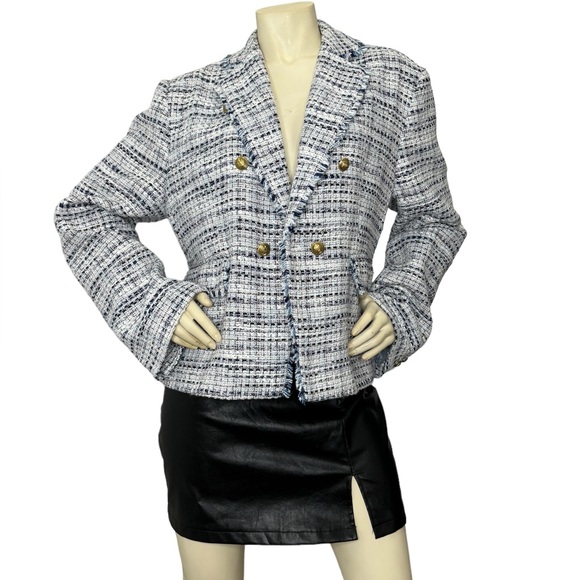 MINA SELF White & Blue Tweed Plaid w/Gold Ornate Buttons & Filly Trim Blazer, 2X - Picture 1 of 16